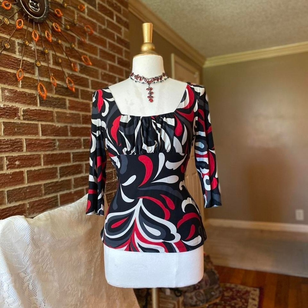 AGB Womens Vintage Y2K Red Black White Swirl Square Neck 3/4 Sleeve Top Sz S